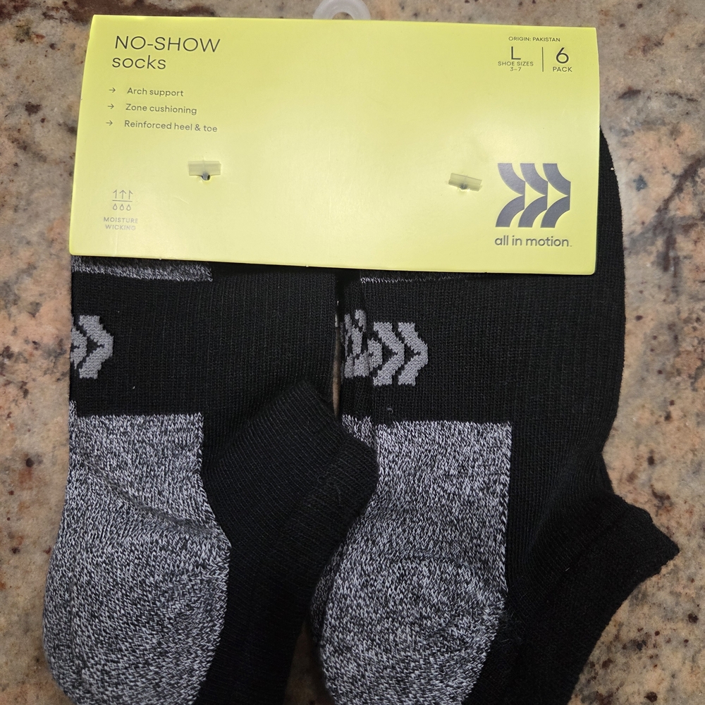 All in Motion Black and Gray Athletic No-Show Socks - 6 Pack. Large Size 3-7